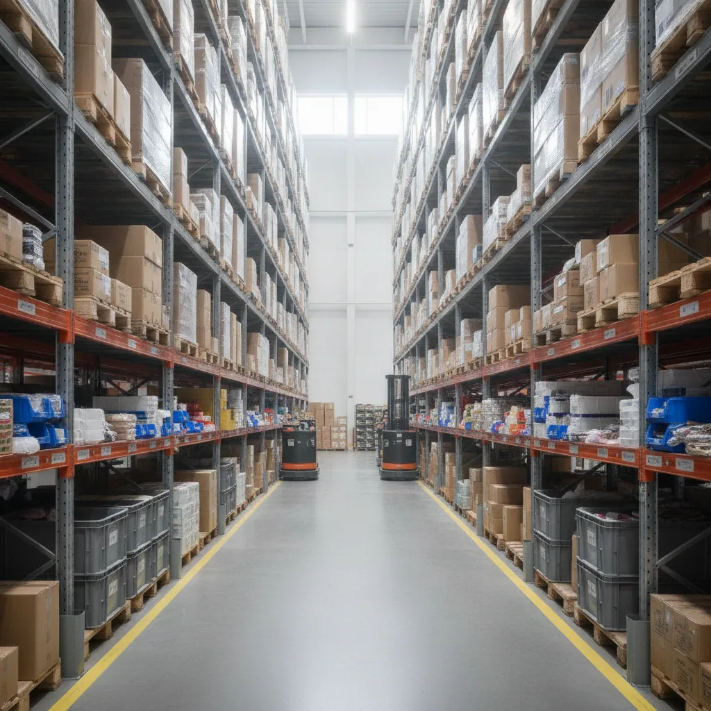 professional photo of a contemporary warehouse aisle with