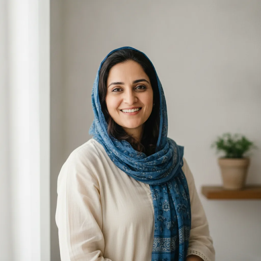real photo portrait of a happy Pakistani woman
